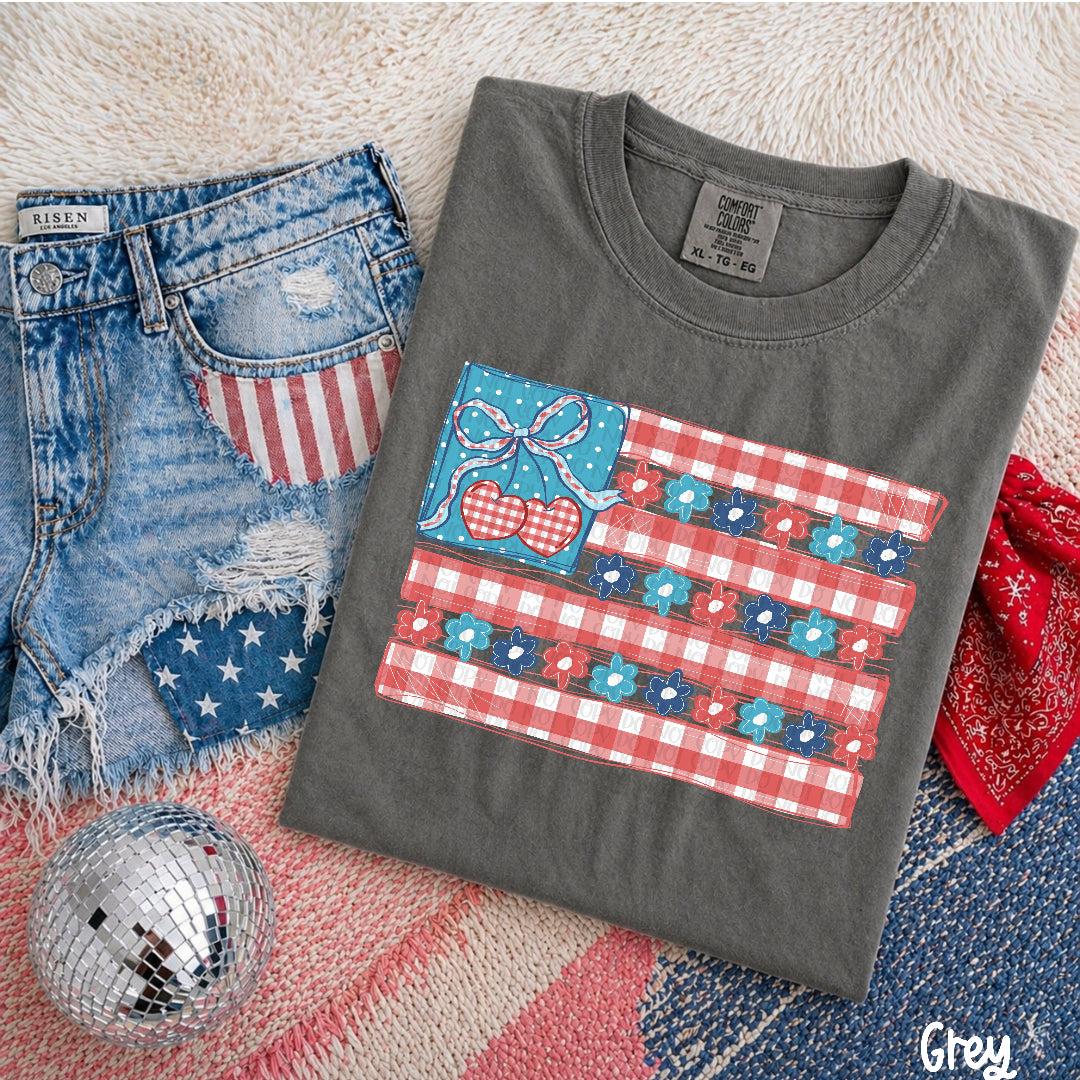 Faux patchwork American flag with flowers (Scarlow) DTF Transfer