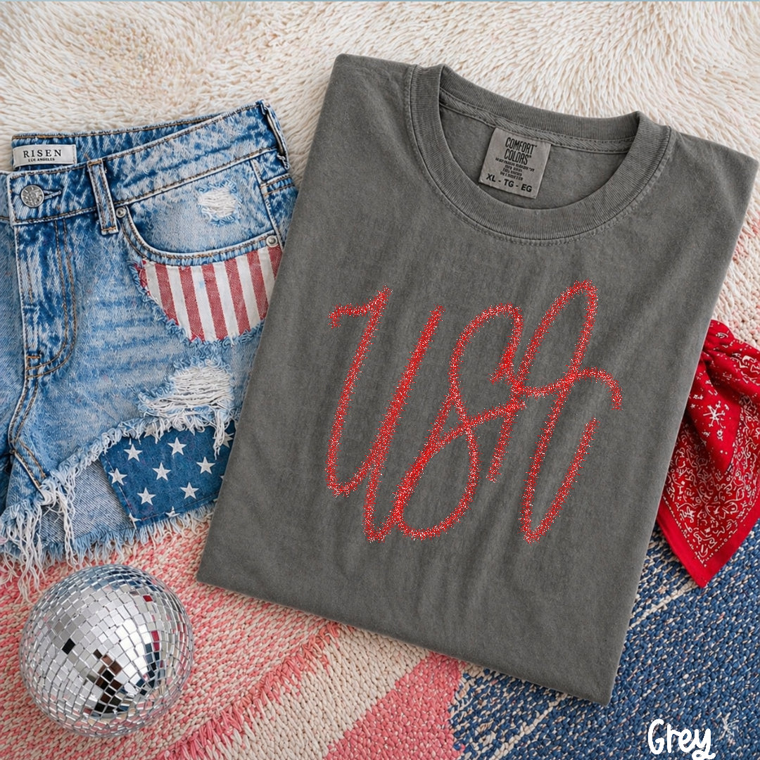 USA faux stitch glitter RED (Kai) DTF Transfer