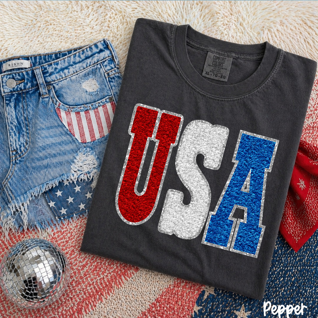 blocky faux glitter outline USA (Carter) DTF Transfer