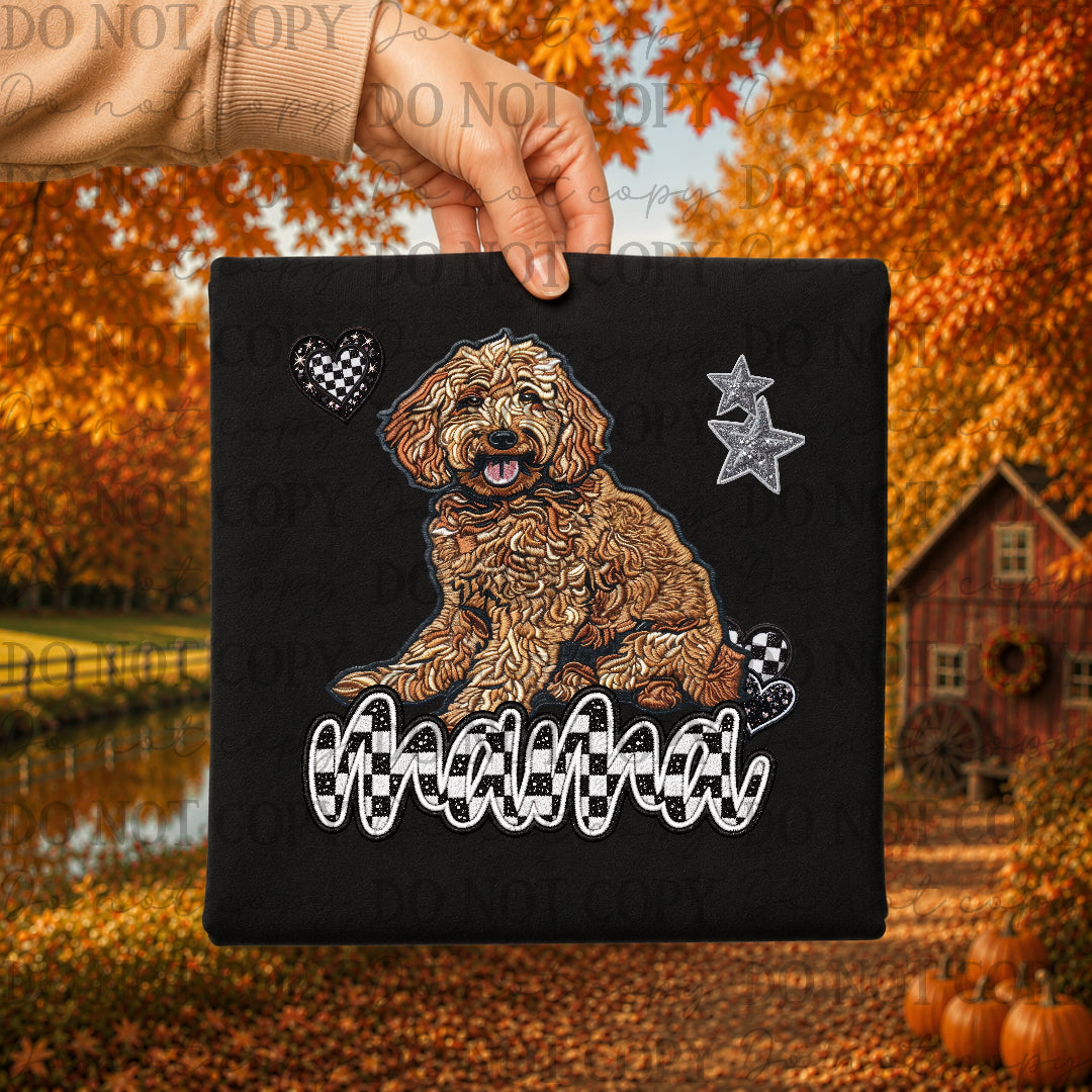 Golden doodle dog mama with checkered and stars (DKDBK) DTF Transfer