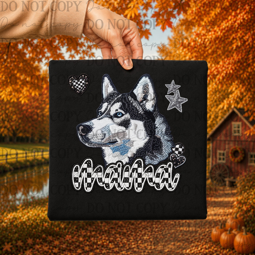 Black and White Husky dog mama with checkered and stars (DKDBK) DTF Transfer