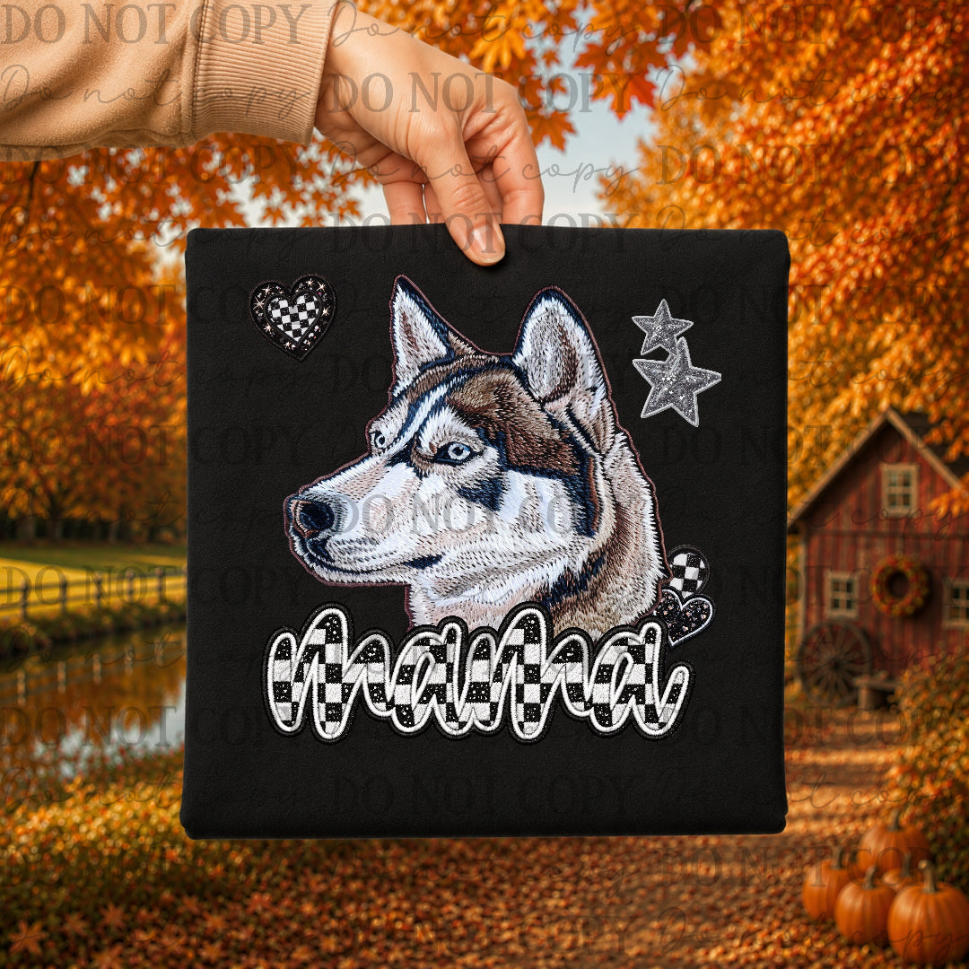 Brown and White Husky dog mama with checkered and stars (DKDBK) DTF Transfer