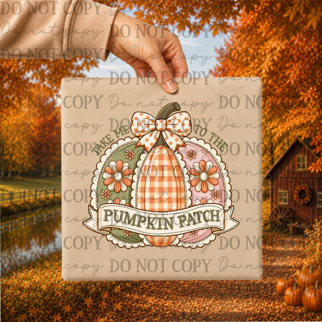 Take me to the pumpkin patch- Plaid. polka dot bow and flowers (NBC) DTF Transfer