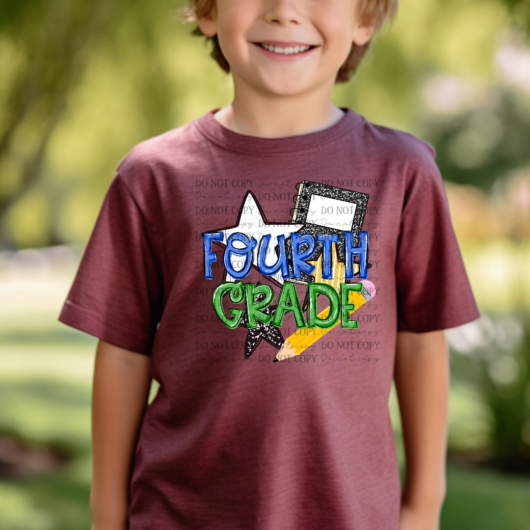 Fourth grade blue and green star and pencil (Carter) DTF Transfer