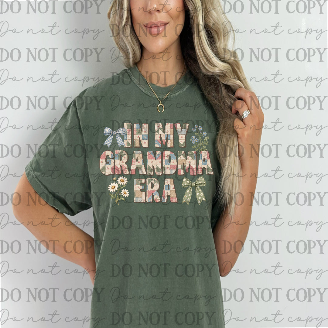 In my grandma era green patch work wth bows and flowers (Scarlow) DTF transfer