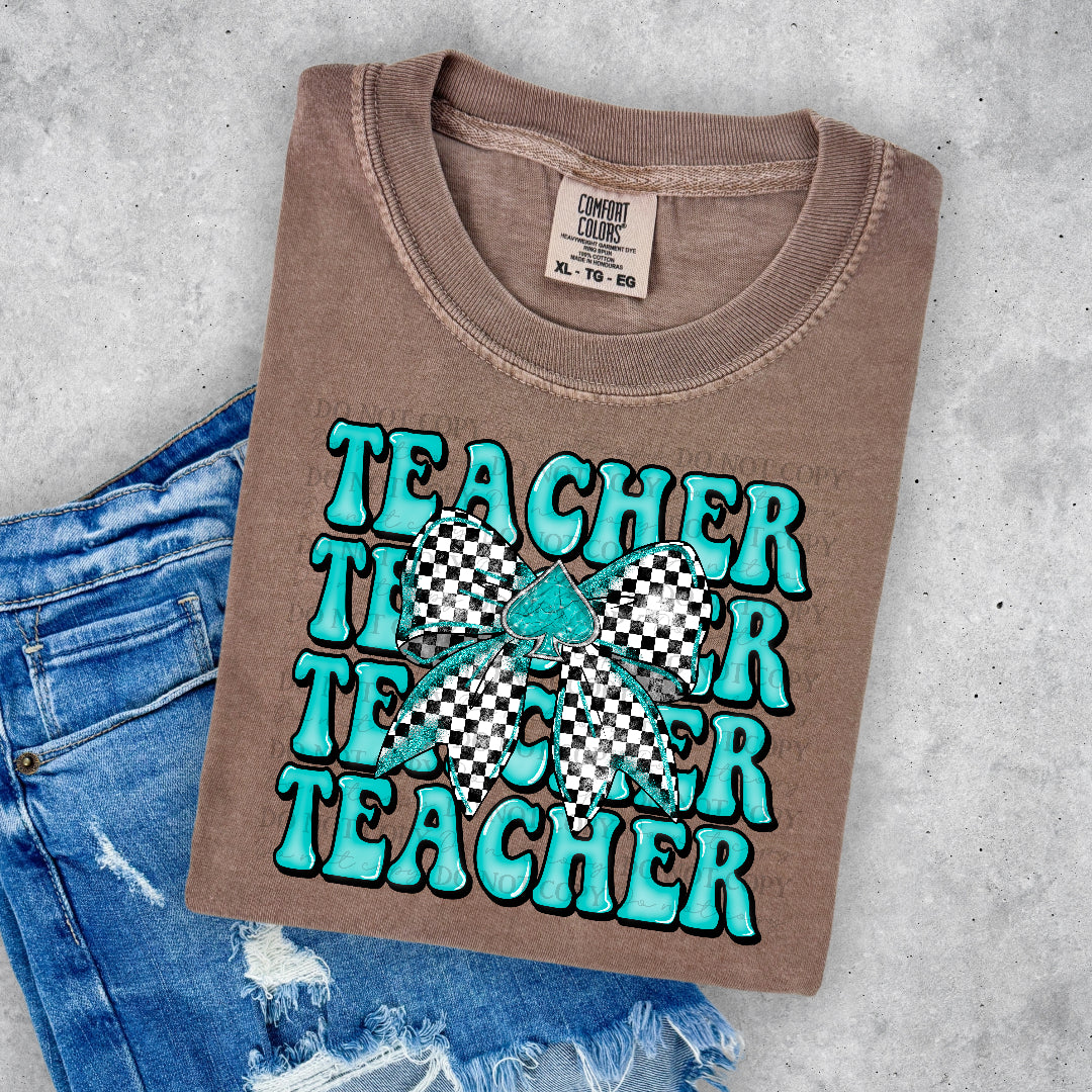 Teacher stacked turquoise bow (JBD) DTF Transfer