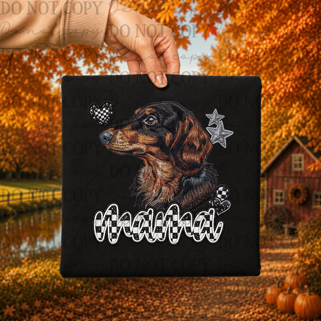 Black and brown longhaired dash hound dog mama with checkered and stars (DKDBK) DTF Transfer