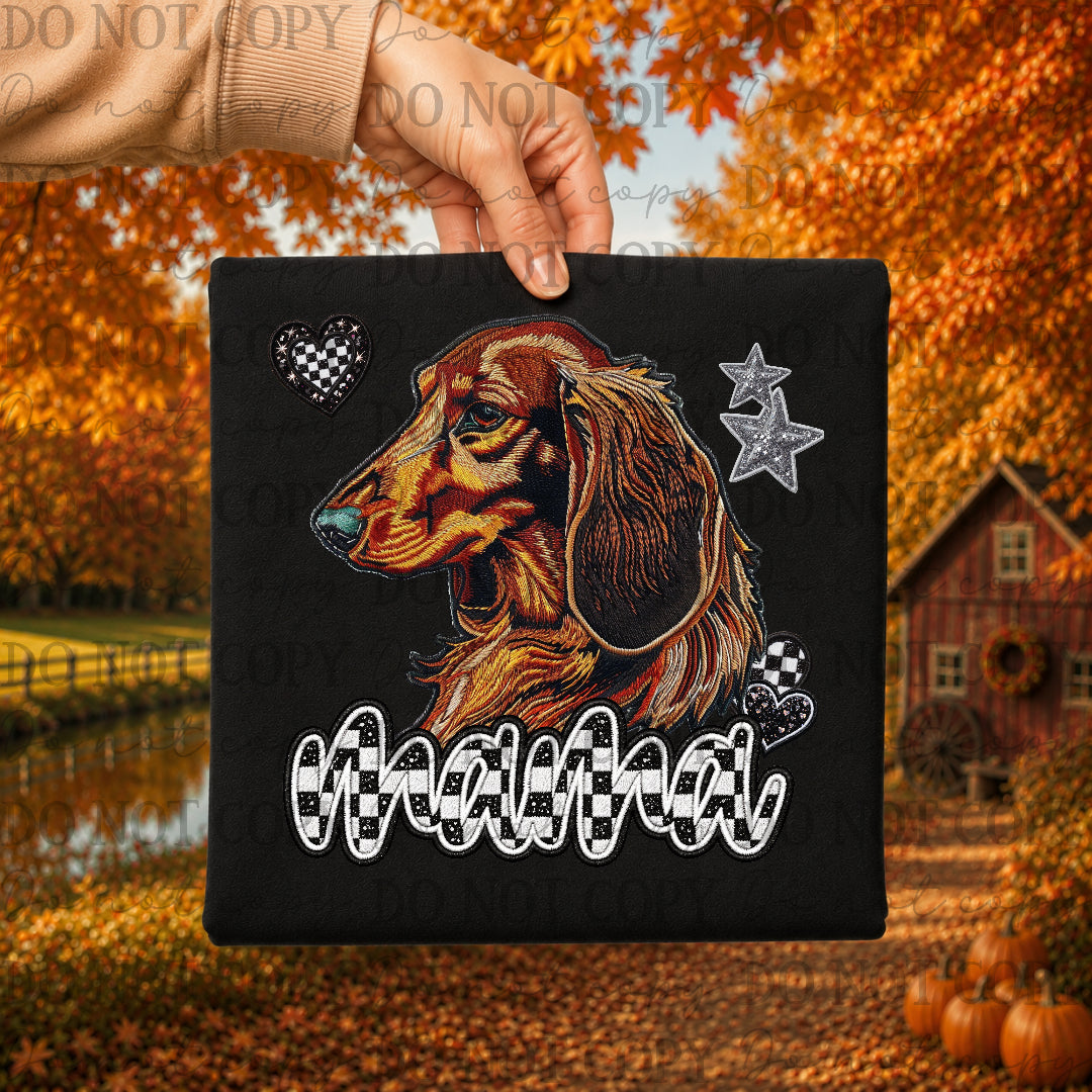 Brown longhaired dash hound dog mama with checkered and stars (DKDBK) DTF Transfers