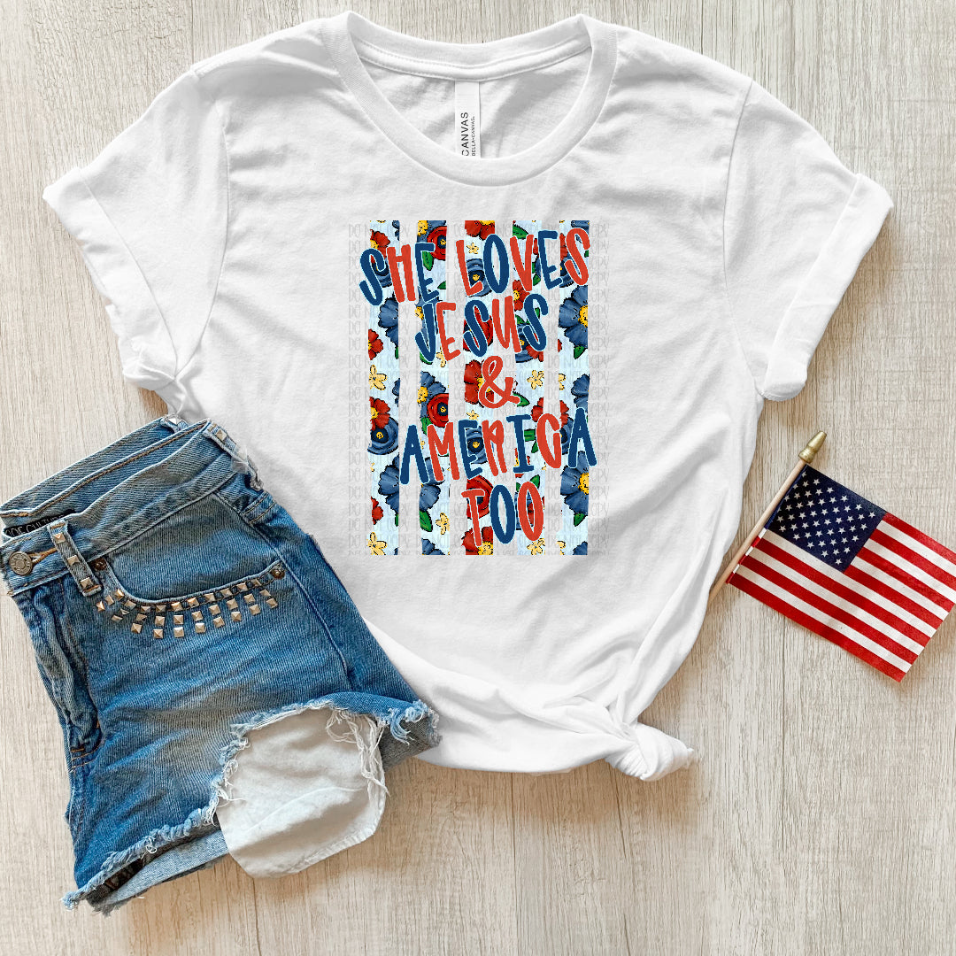 She loves Jesus and America too RED and BLUE letters (OHDD) DTF Transfer