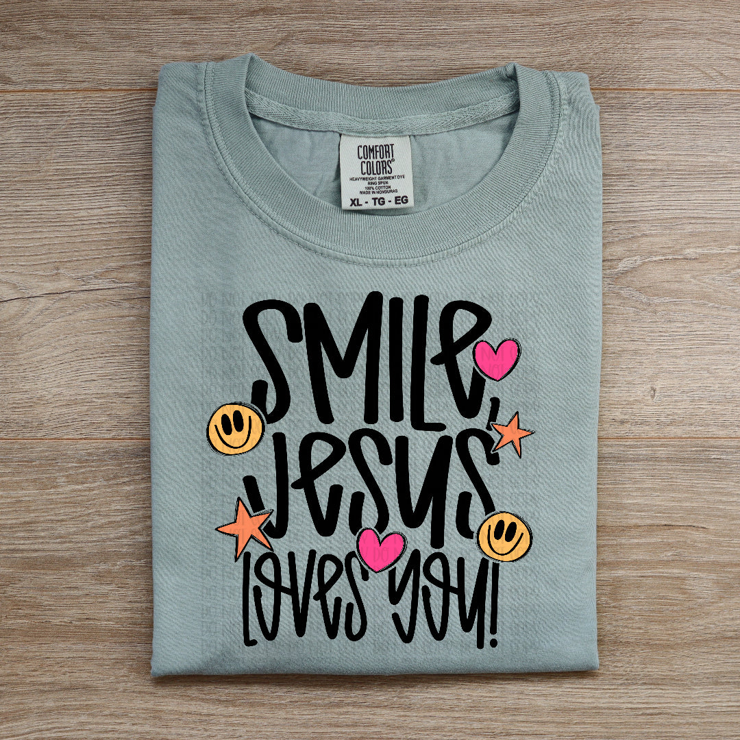 Smile Jesus loves you happy face PINK hearts (OHDD) DTF Transfer