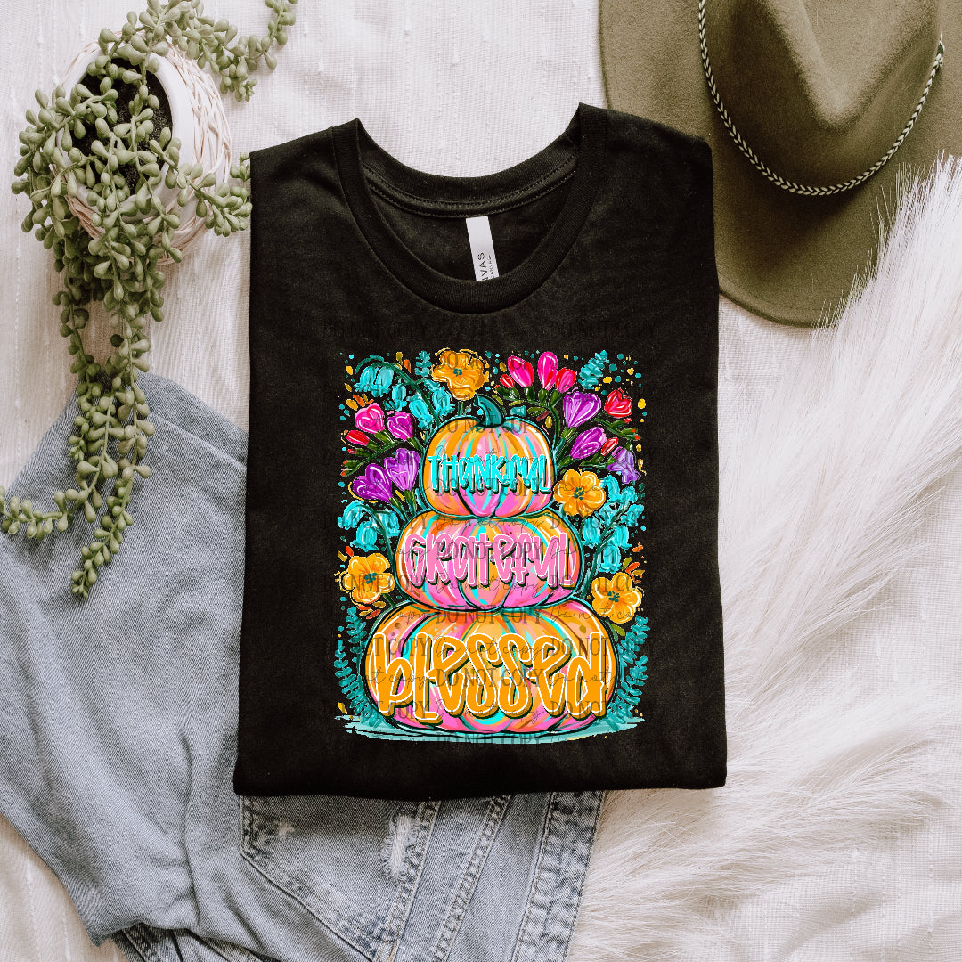 Thankful grateful blessed stacked pumpkins with florals (SSD) DTF Transfer