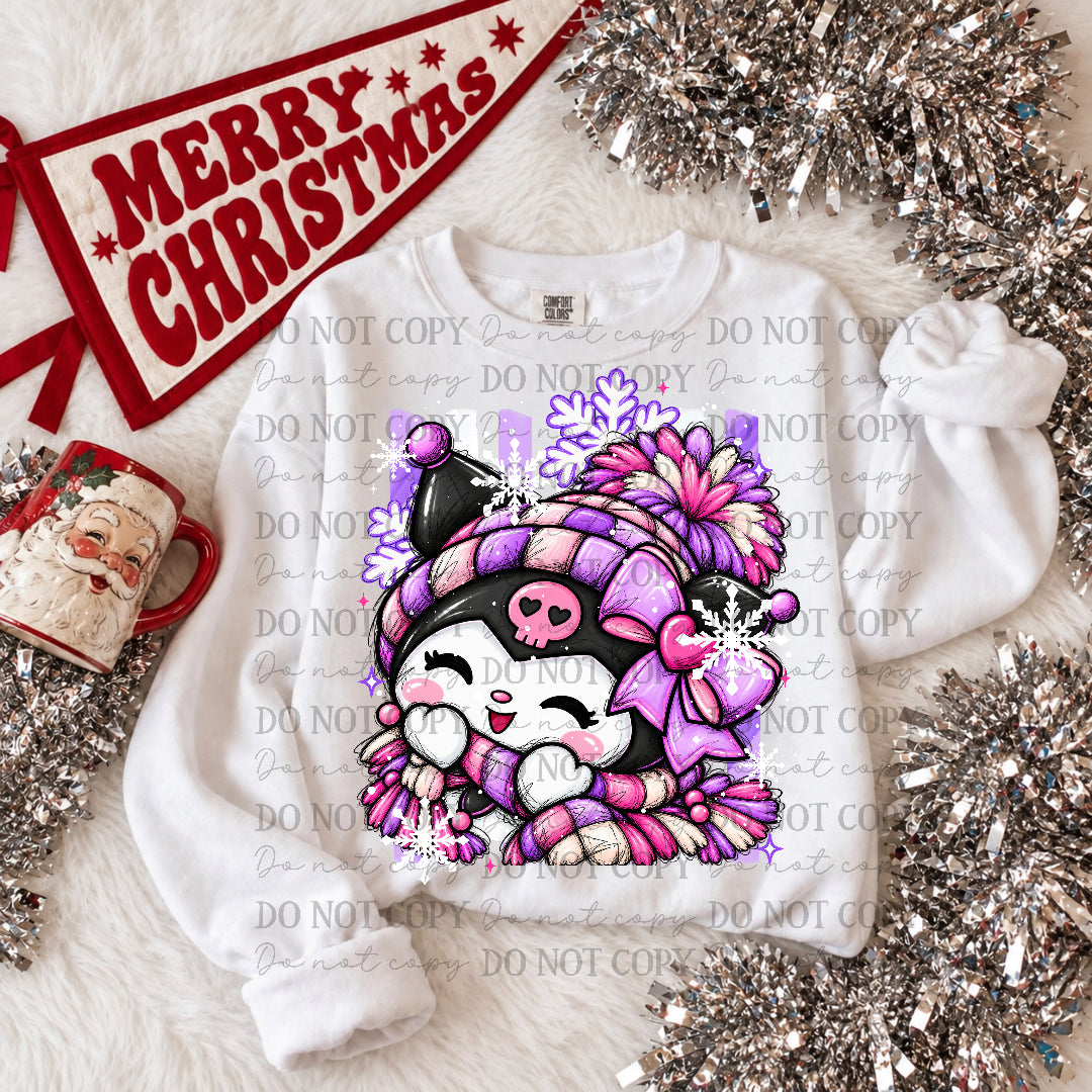 HK- black cat with pink skull on head in purple and pink winter wear (Kai) DTF Transfer