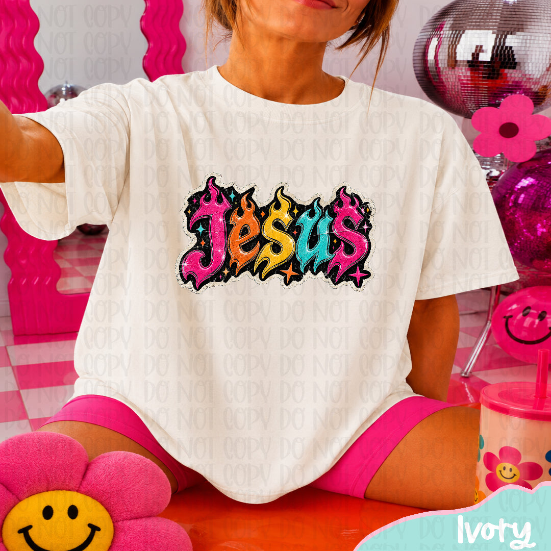 Jesus colorful flames (Vehement) DTF Transfer