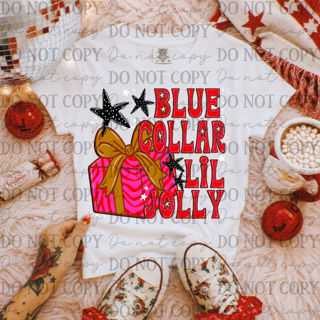 Blue collar lil jolly with stars and pink present (JBD) DTF Transfer