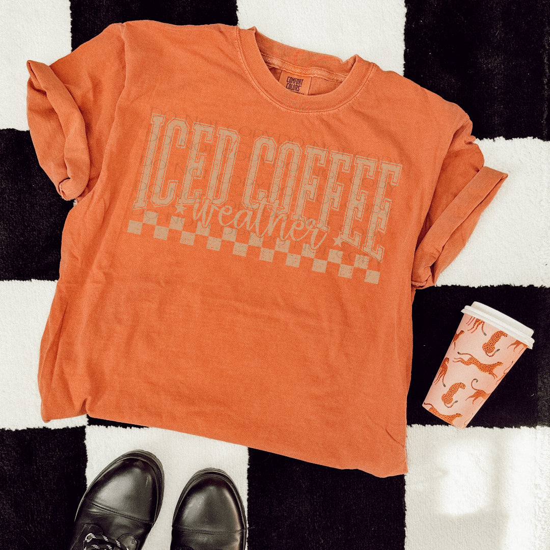 Iced coffee weather TAN checkered (Scarlow) DTF Transfer