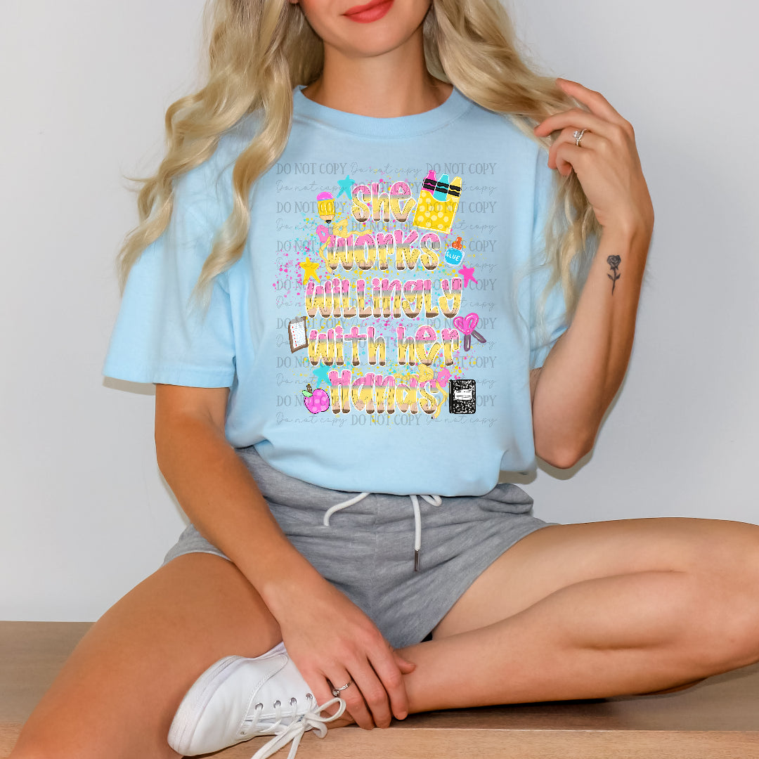 She works willing with her hands pencil letters (SSD) DTF Transfer