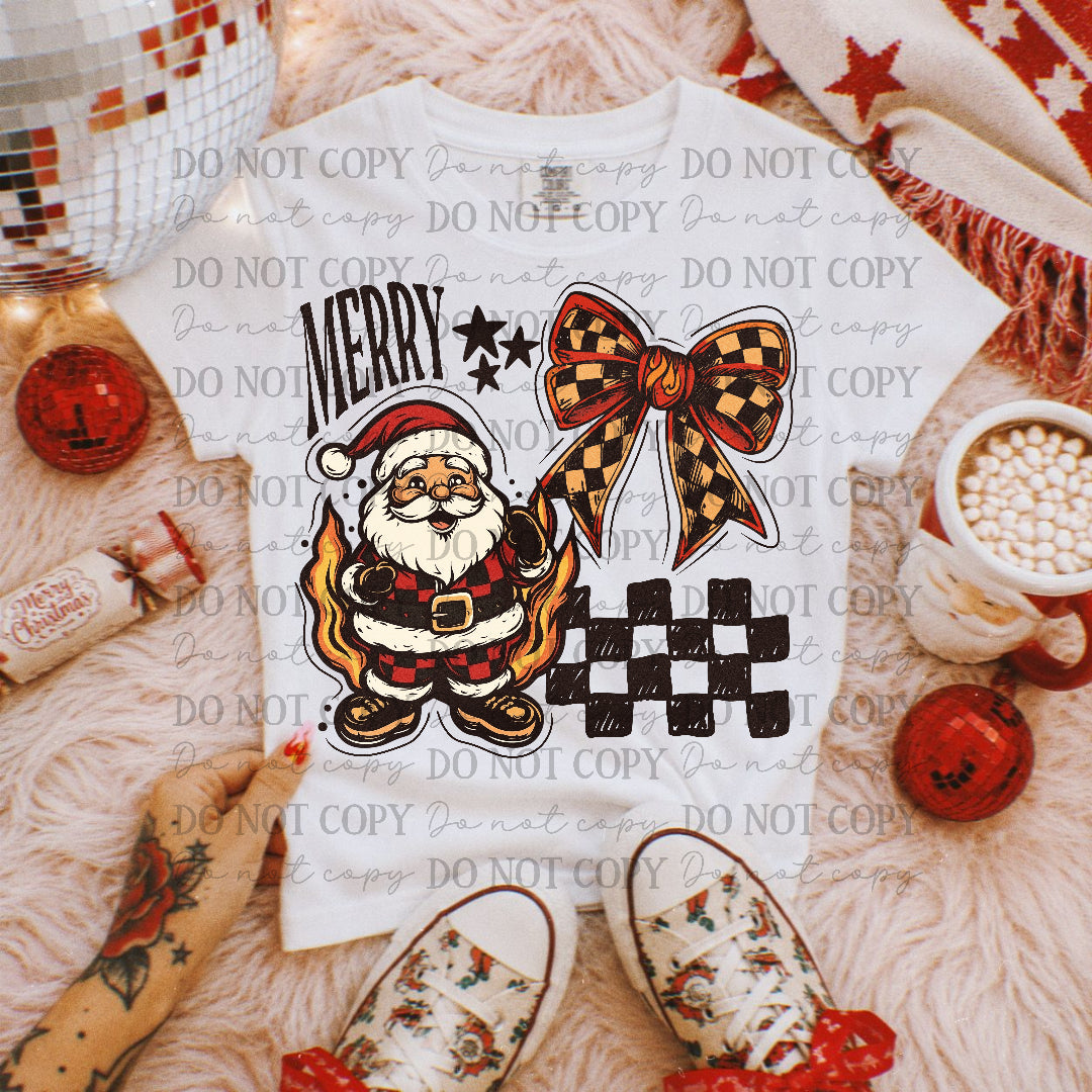 Santa with flames/ checker suit and checker bow (OHDD) DTF Transfer