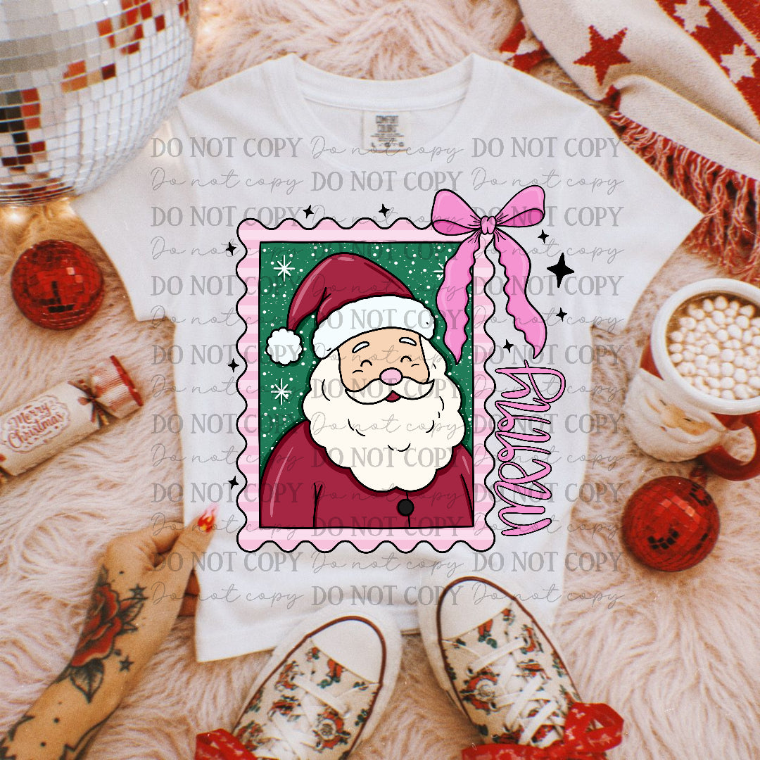 Santa stamp with pink bow and boarder (OHDD) DTF Transfer