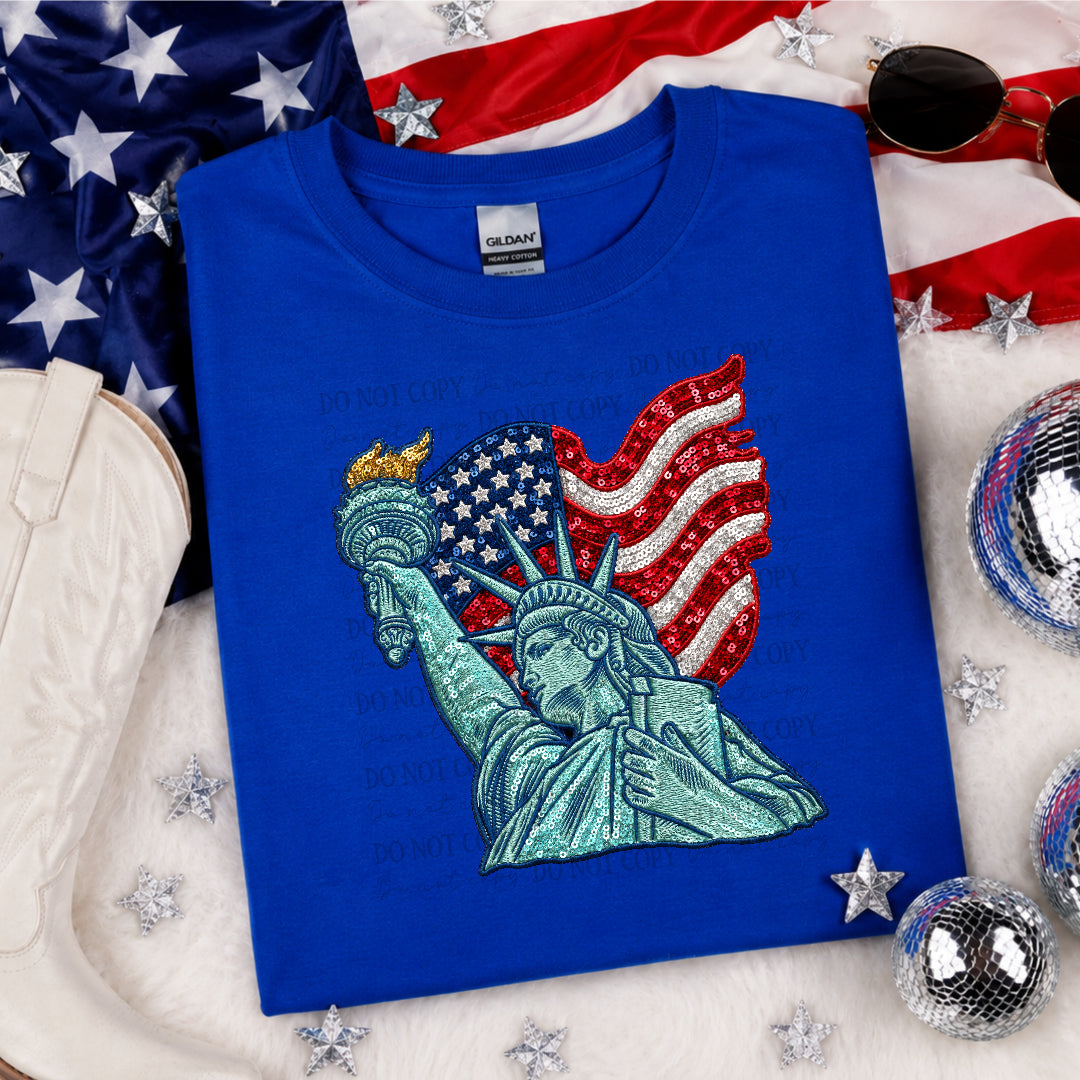 Faux sequins lady liberty flag flying (Crafti) DTF Transfer