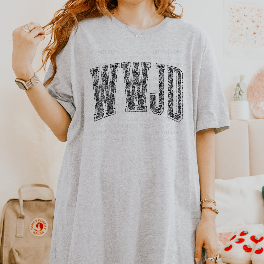 WWJD arched black distressed (Scarlow) DTF Transfer