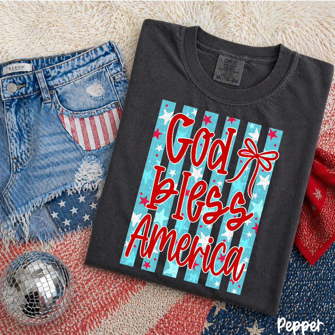 God bless America with bow star filled stripes (Carter) DTF Transfer