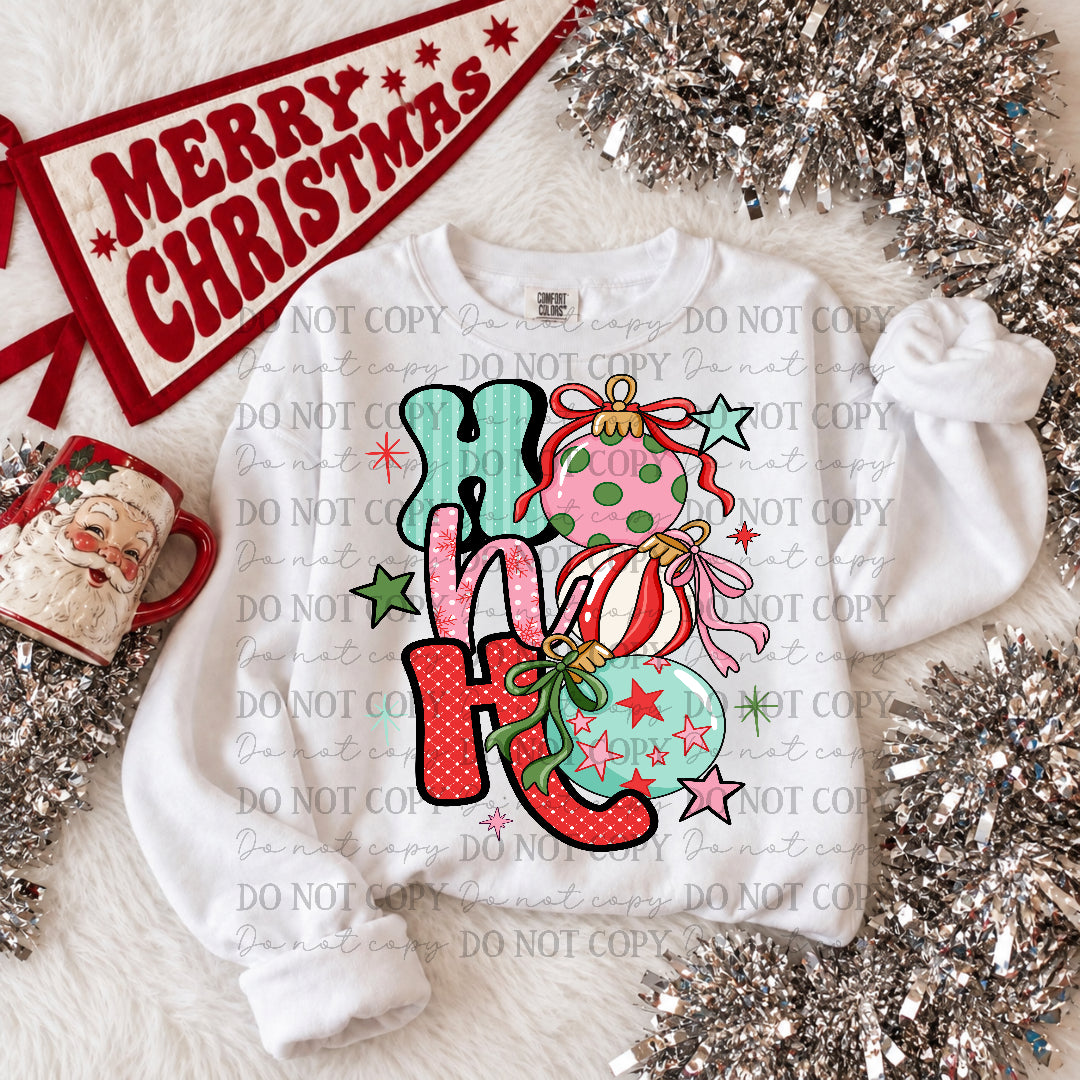 HOHOHO with stacked ornaments-and stars (Carter) DTF Transfer