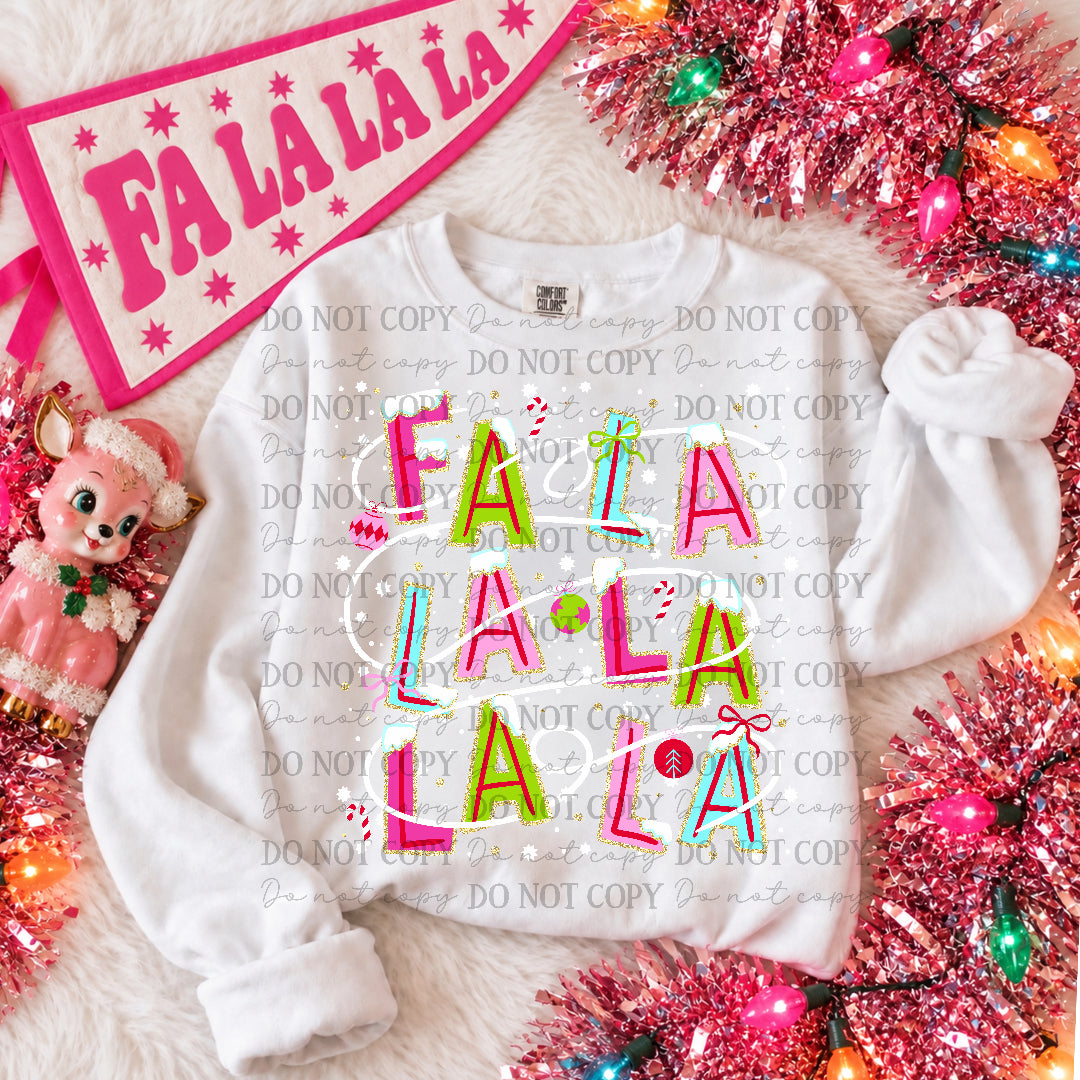 Fa La Stacked with gold glitter outline and snowcap letter (Carter) DTF Transfer