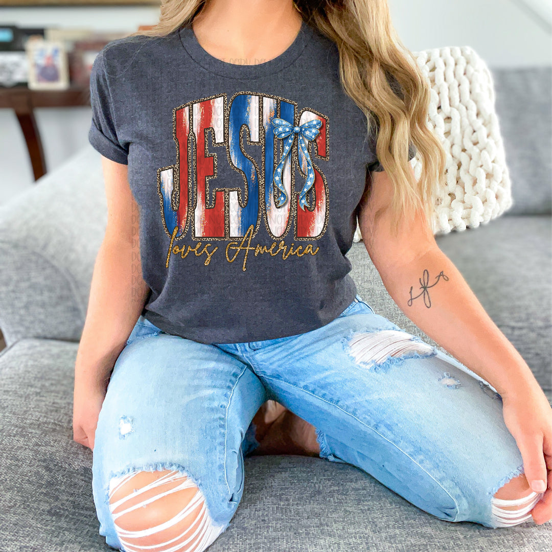 Jesus loves America leopard outline DTF transfer
