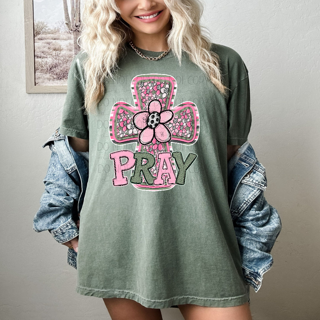 Pray pink and green cross (Texasgal) DTF Transfer
