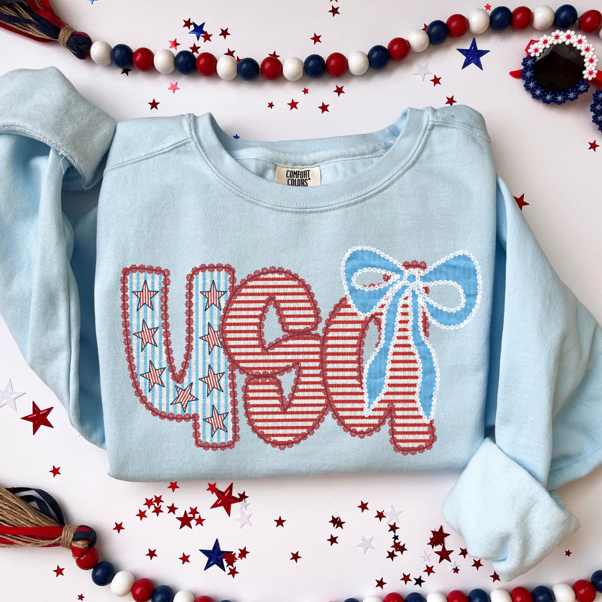 USA blue stars red white stripes blue bow DTF transfer