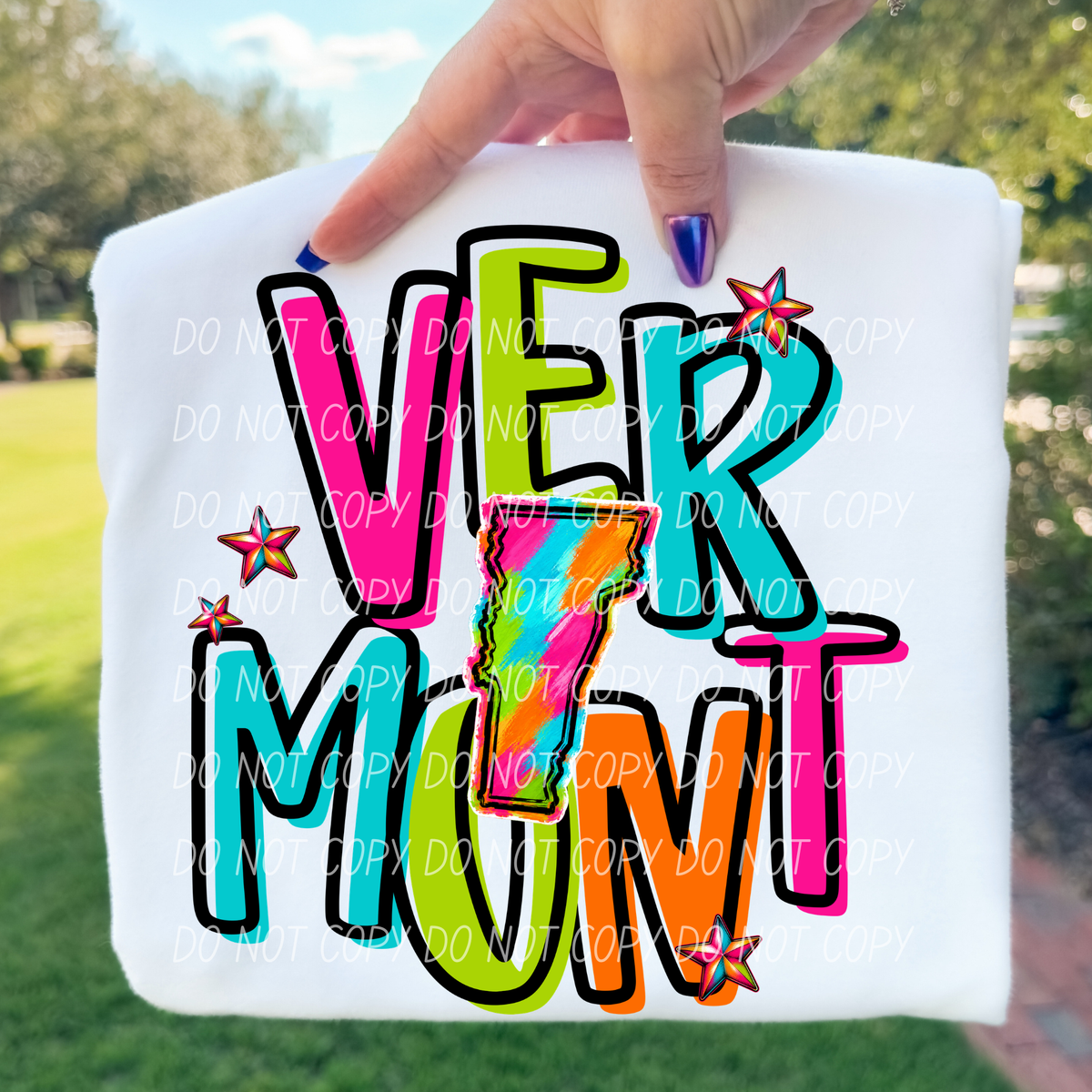 vermont neon rainbow stacked font (city) DTF transfer