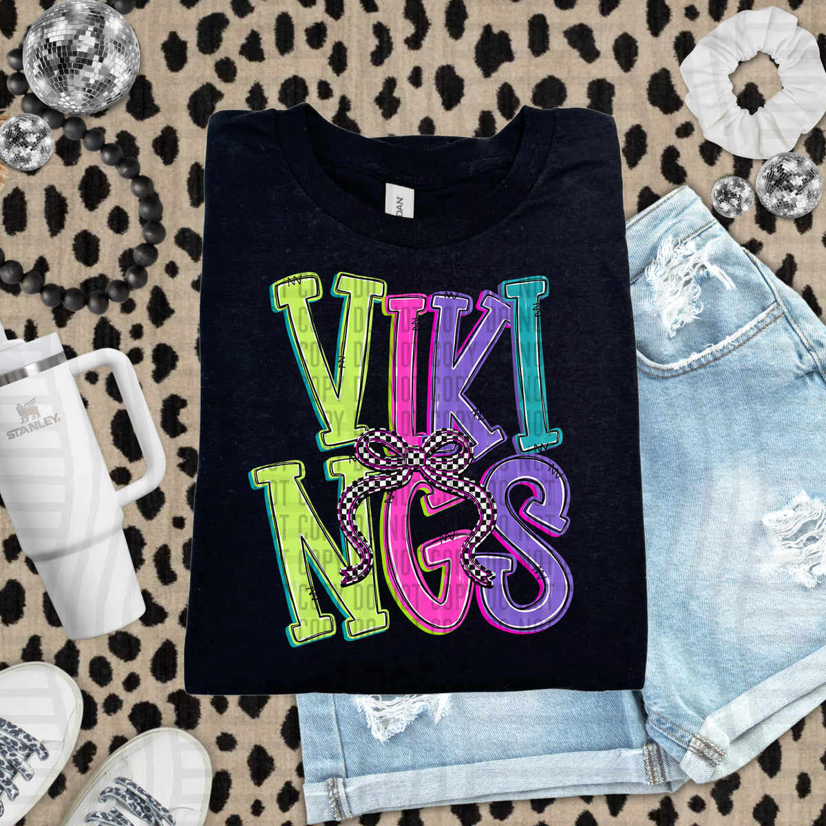 Vikings stacked neon colors with checkered bow (caplinger) DTF Transfer