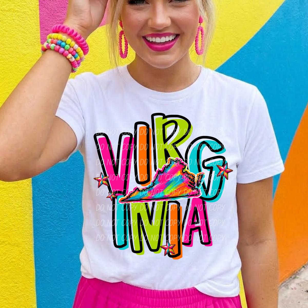 virginia neon rainbow stacked font (city) DTF transfer