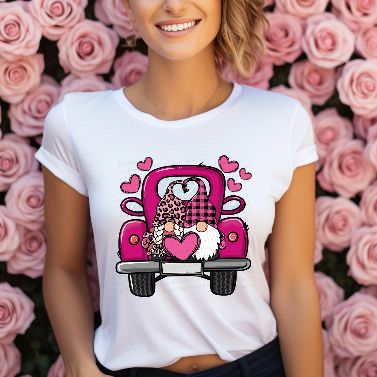 Valentine Gnome With Pink Hearts and Truck Leopard and Plaid Hat 116104 DTF Transfer