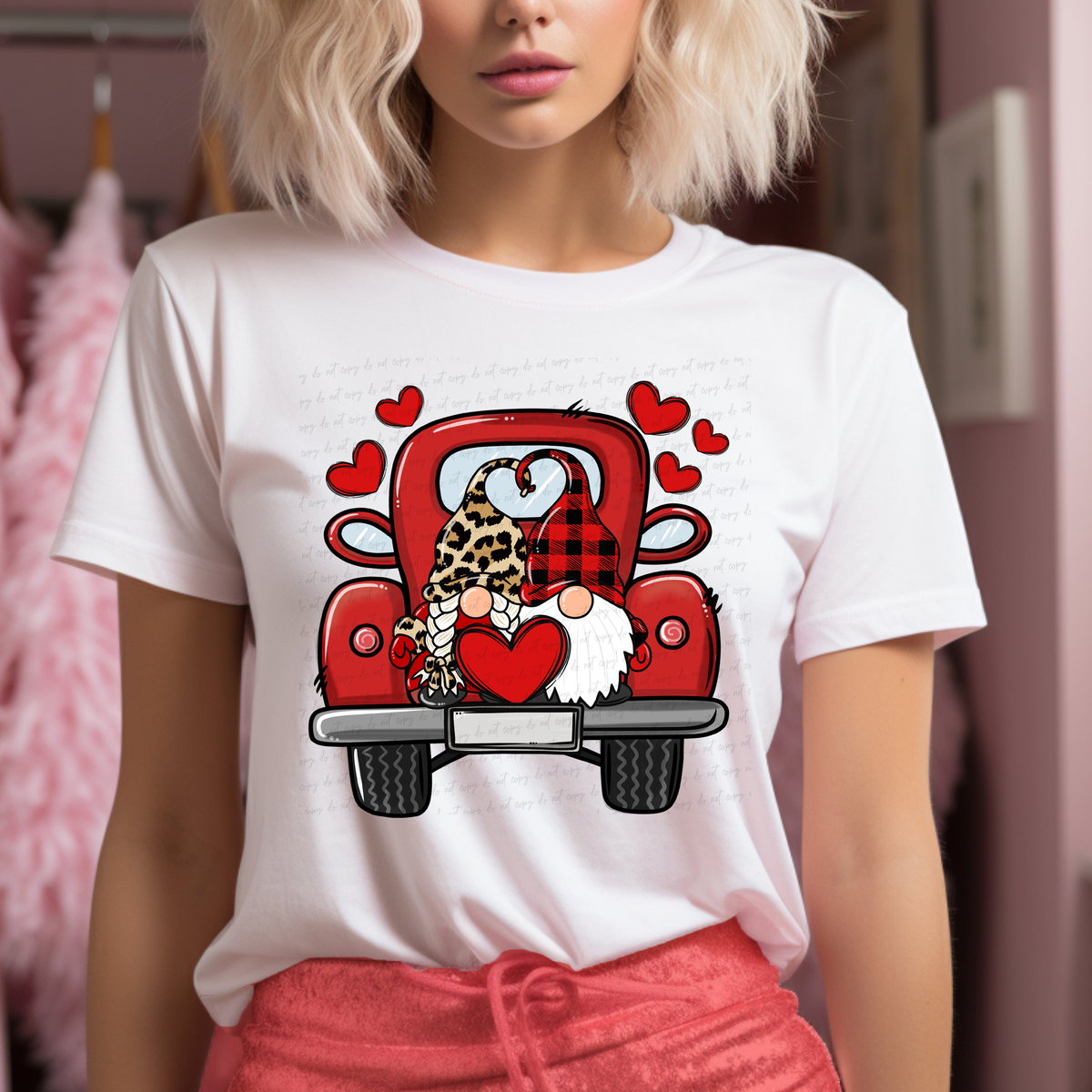 Valentine Gnome With Red Hearts and Truck Leopard and Plaid Hat 116105 DTF Transfer