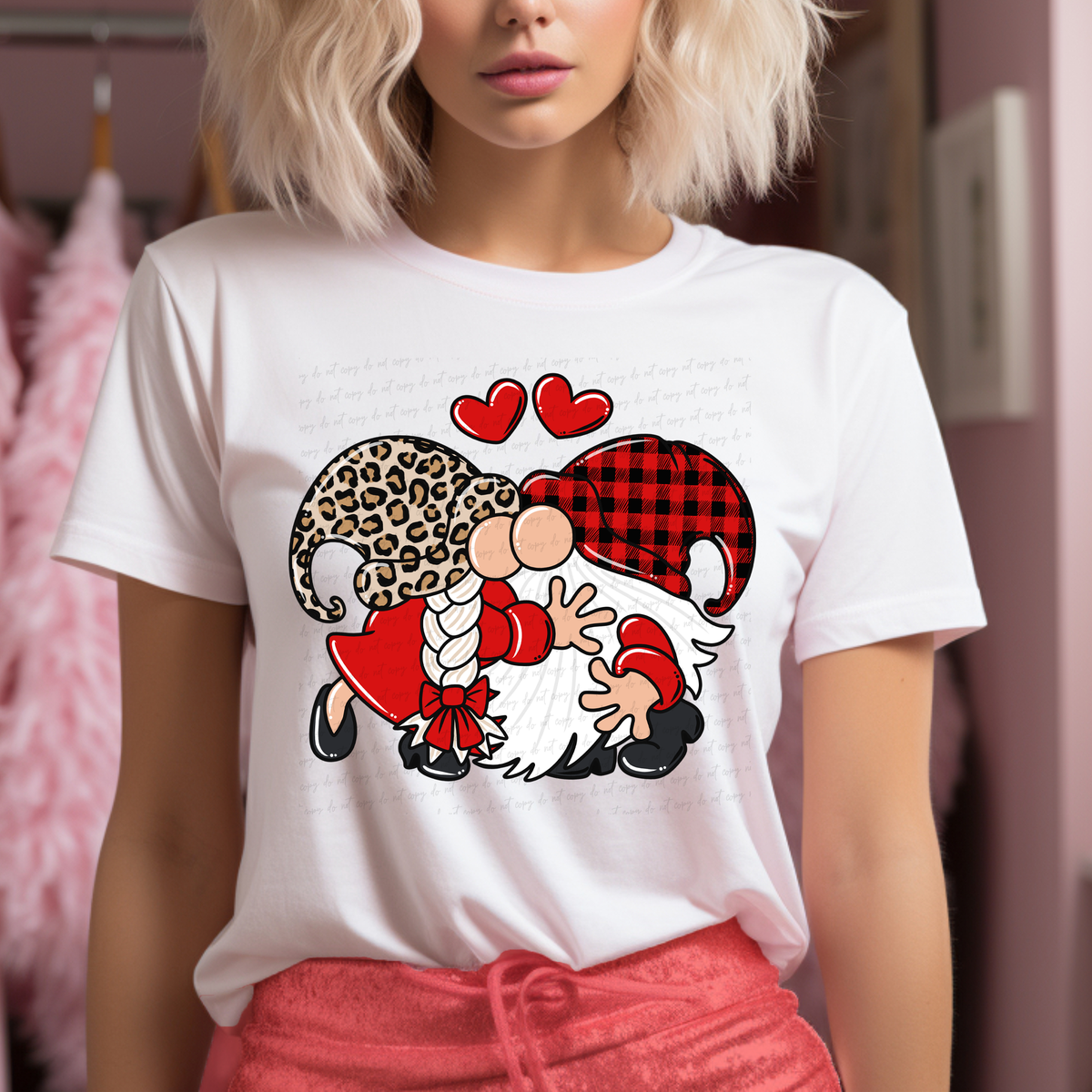 Valentine Gnomes Kissing Hearts Leopard and Plaid Hat 116116 DTF Transfer