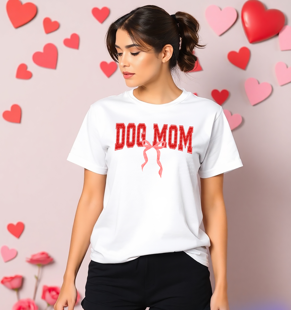 Dog Mom Red Pink Bow Varsity 86265 DTF Transfer