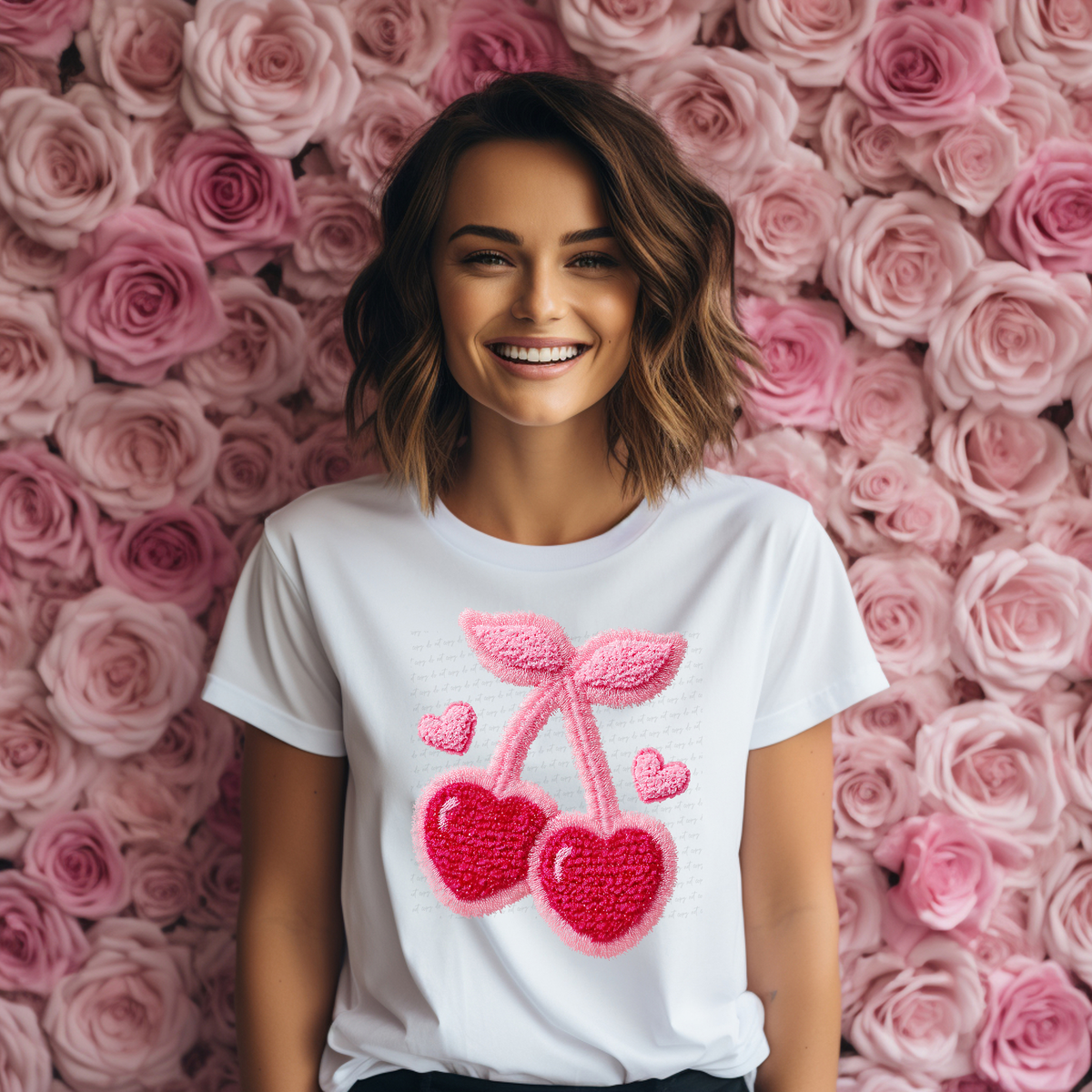 Valentines Day Heart Cherries Faux Yarn Darker 117343 DTF Transfer