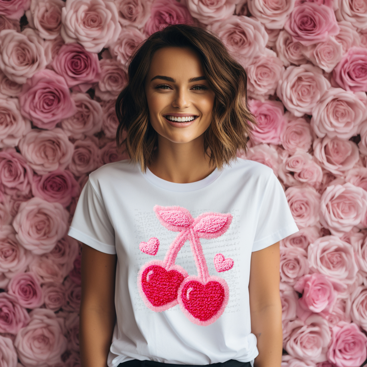 Valentines Day Heart Cherries Faux Yarn Brighter 117344 DTF Transfer