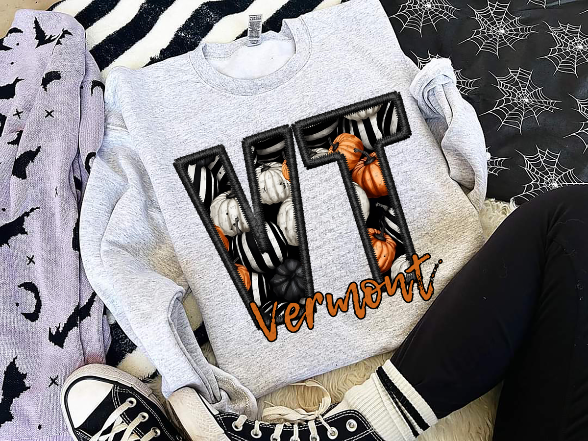 VT Faux Embroidery Pumpkin Filled Vermont 54527 DTF transfer