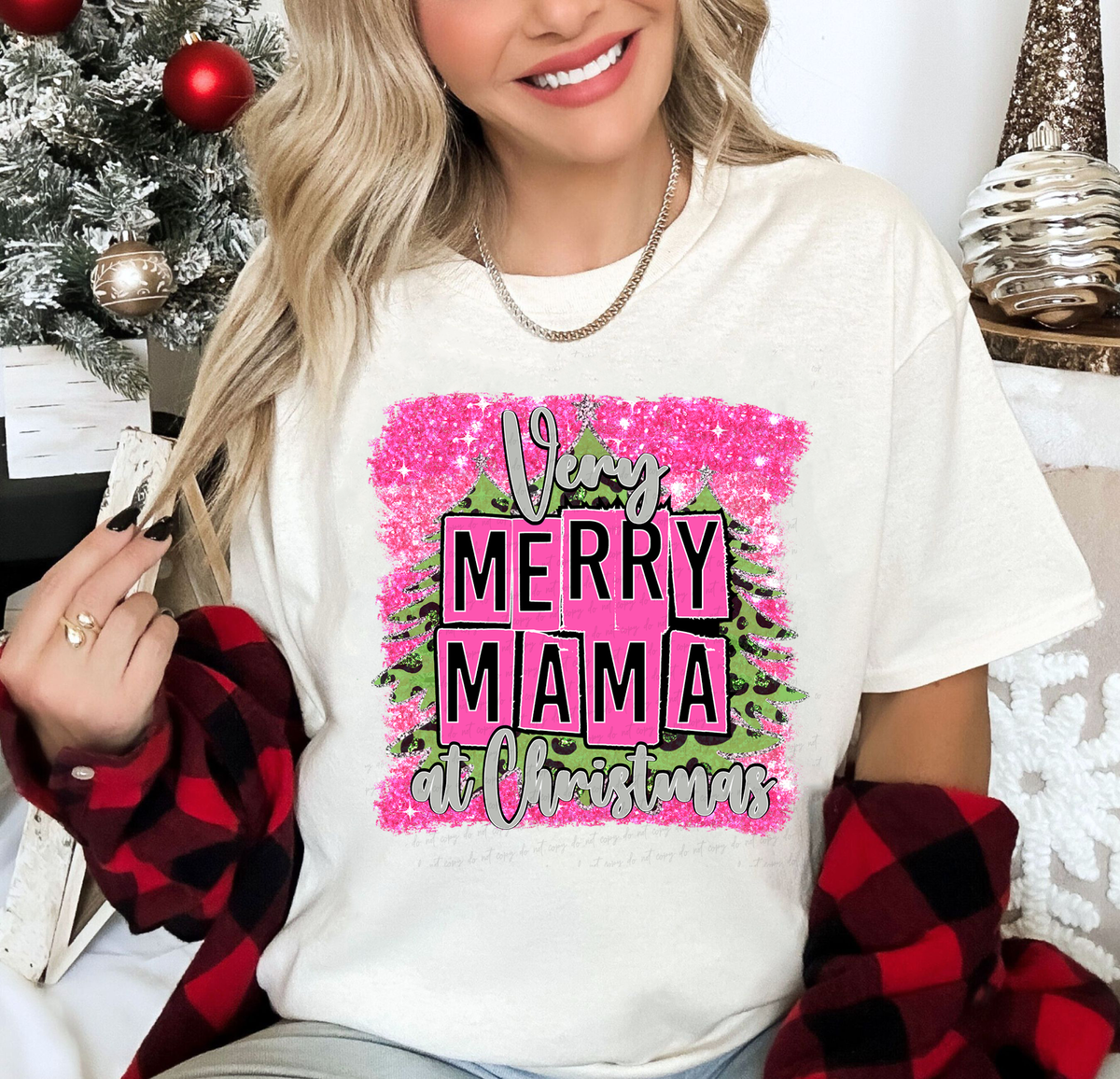 Very Merry Mama At Christmas Pink Glitter Background 115040 DTF Transfer