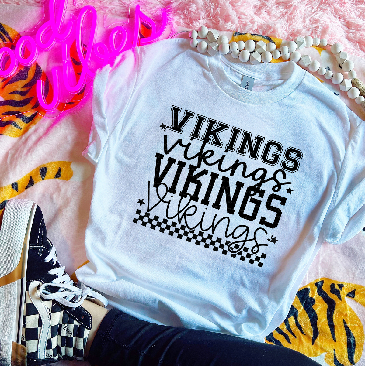Vikings Varsity And Cursive Font Checkers Black 86637 DTF Transfer
