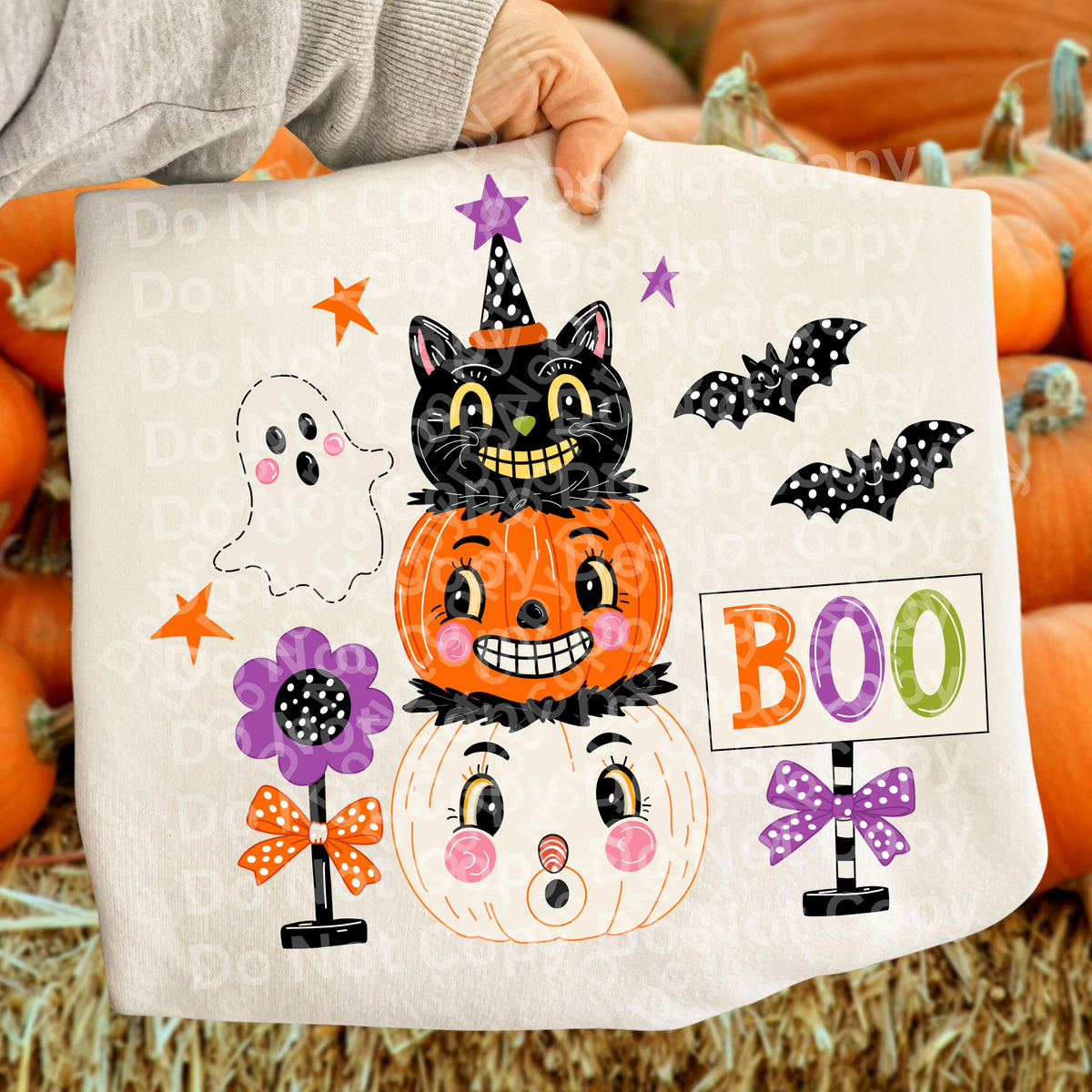 Boo pumpkin stack bats flowers and ghost (Irene) DTF Transfer