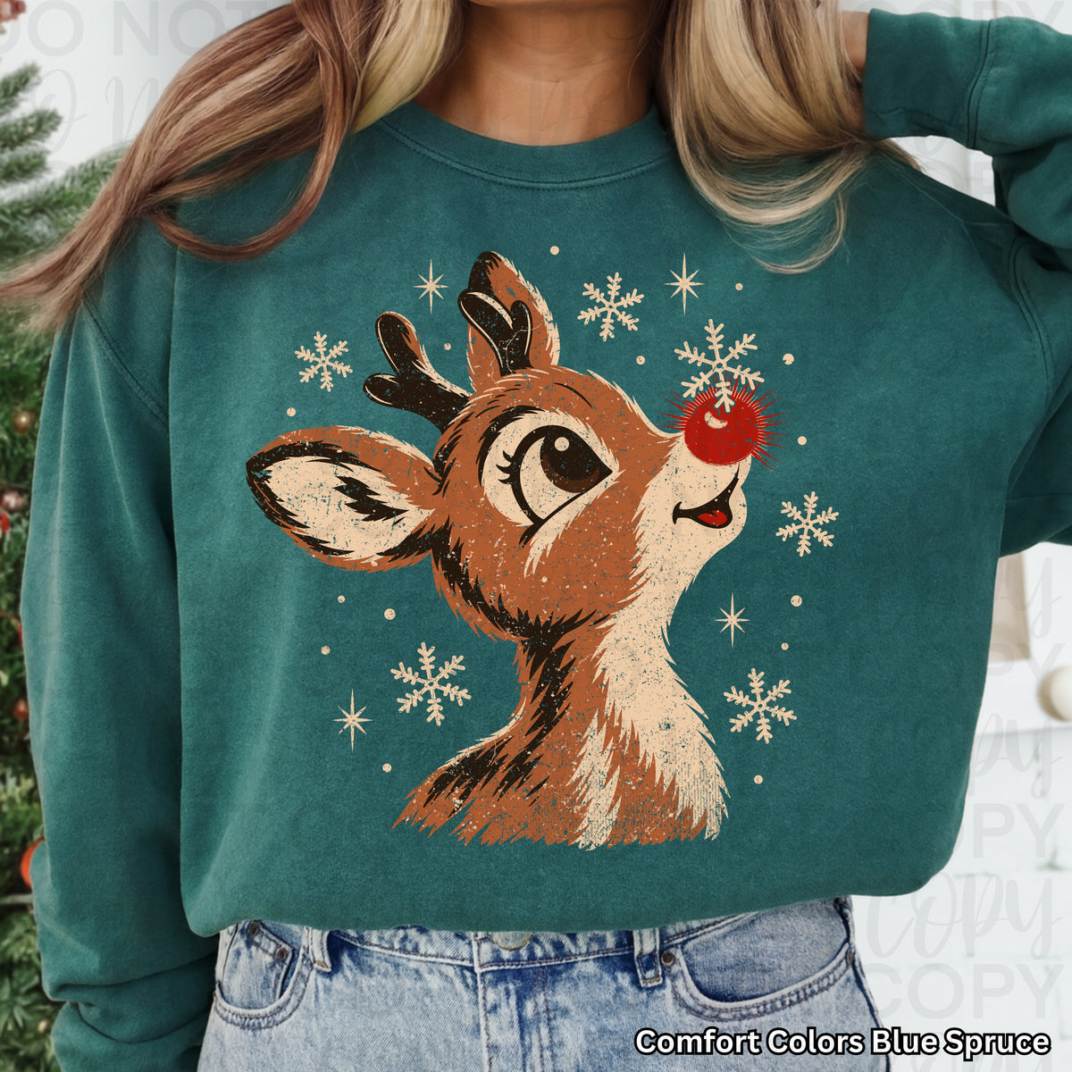 Vintage reindeer with red nose white snowflakes (UAC) DTF Transfer