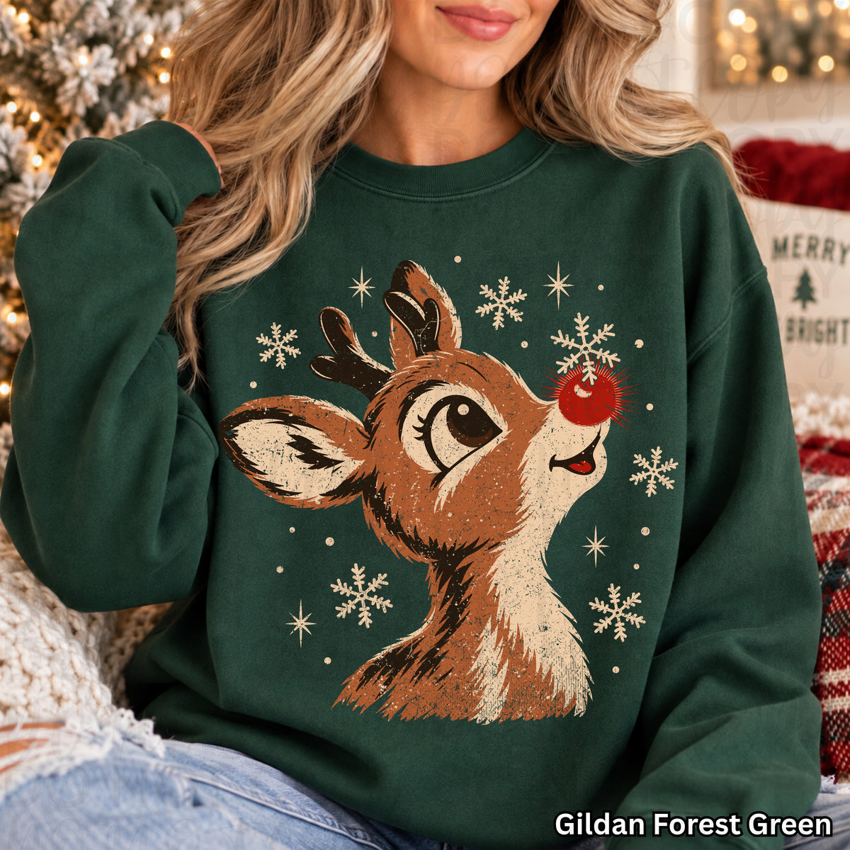 Reindeer looking up with snowflakes falling down (UAC) DTF Transfer