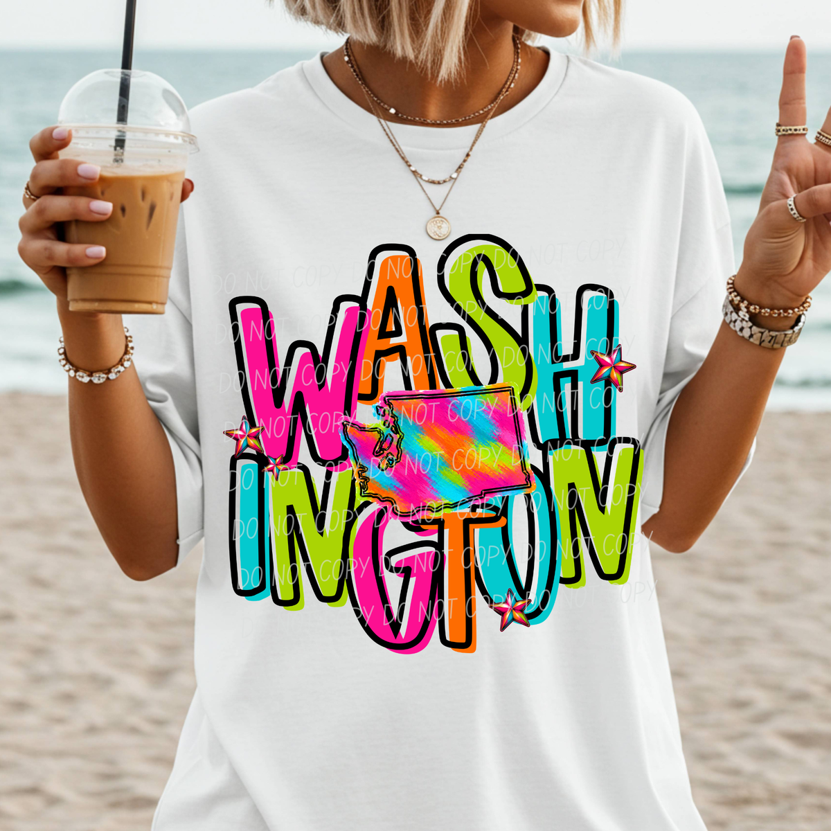 washington neon rainbow stacked font (city) DTF transfer