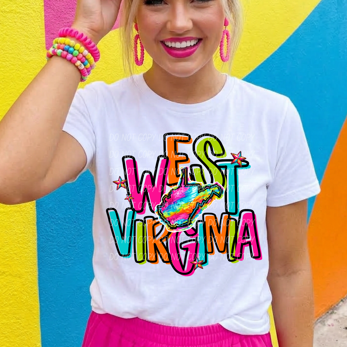 west virginia neon rainbow stacked font (city) DTF transfer