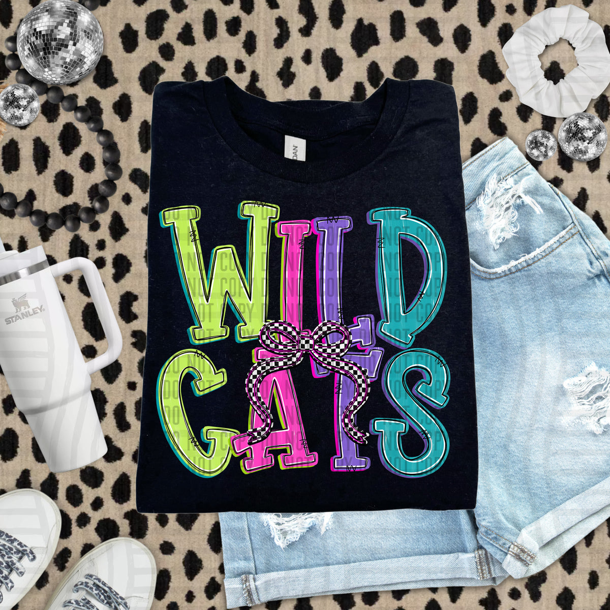 Wild cats stacked neon colors with checkered bow (caplinger) DTF Transfer
