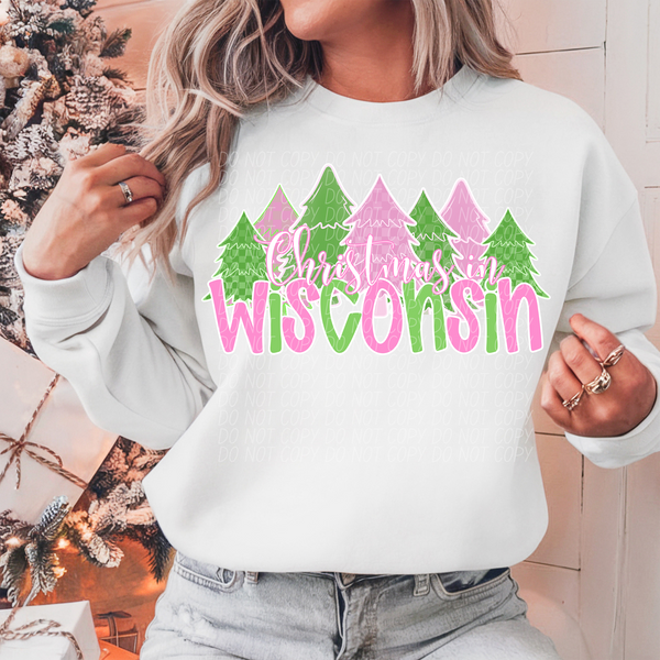 Christmas In Wisconsin Green Pink White Outline 74375 DTF Transfer