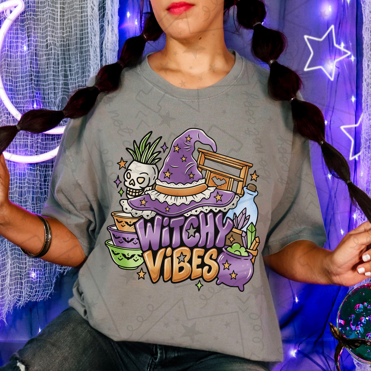 Witchy vibes skull planter and purple witch hat (HW) DTF Transfer